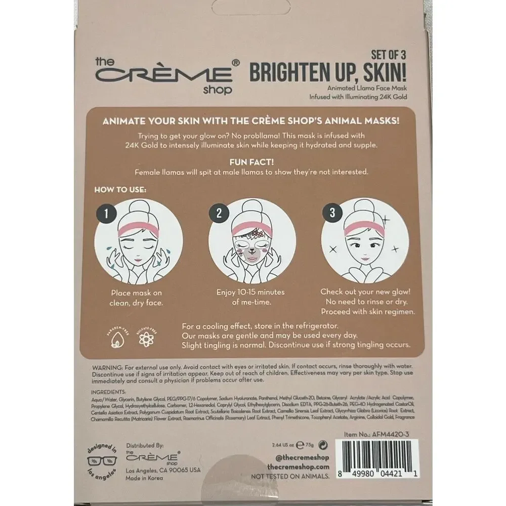 The Crème Shop Brighten Up Skin Llama Sheet Mask Set of 3 24K Gold K-Beauty